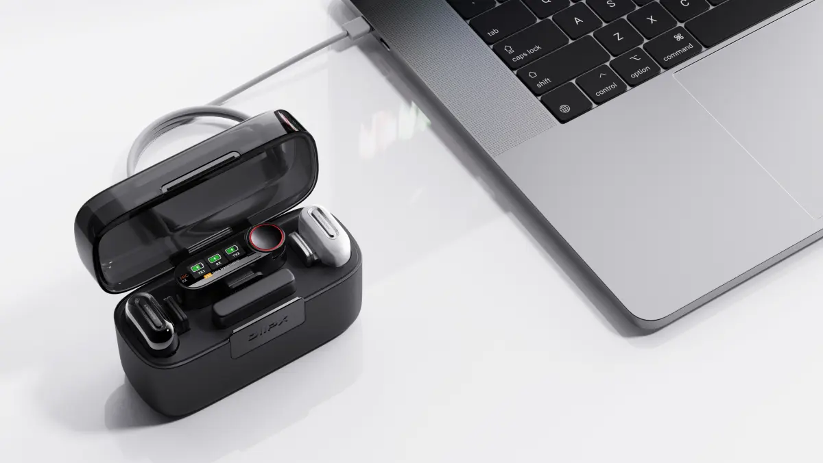 ClipAir C20 charging case connected to a laptop
