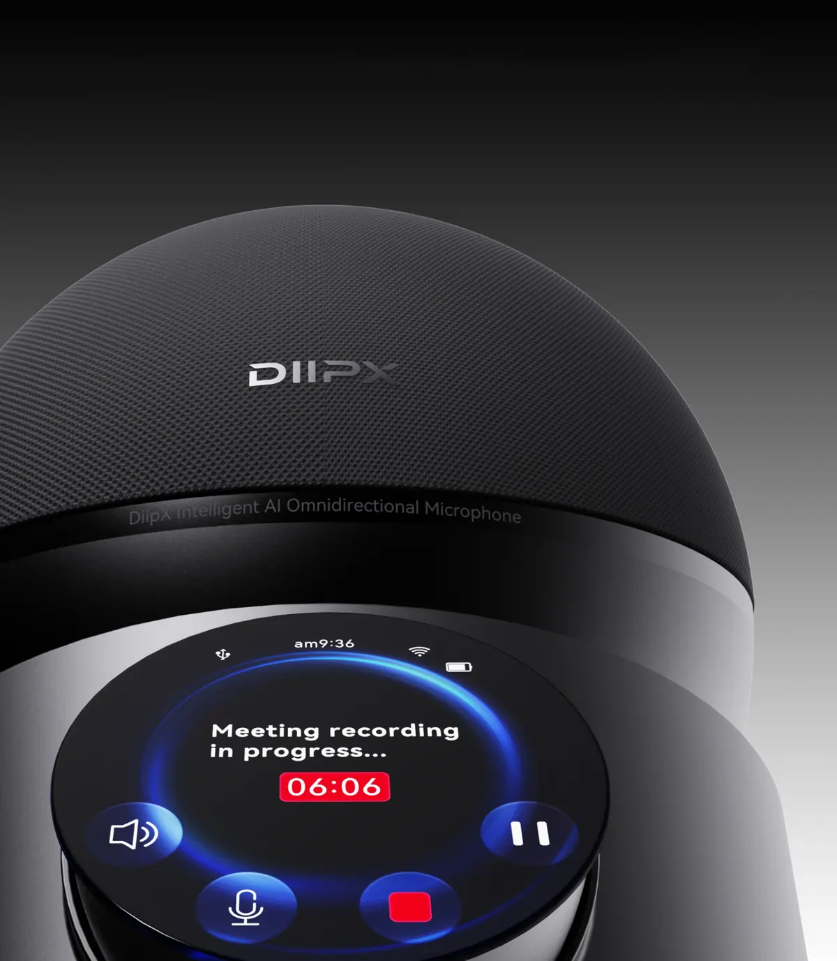 DeskHub D20 circular screen showing meeting recording status